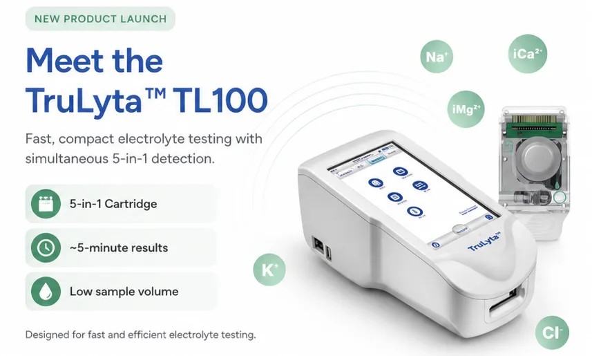 TruLyta TL100 electrolyte testing device with 5-in-1 cartridge, five-minute results, and low sample volume